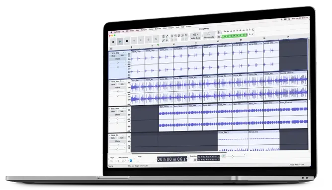 A laptop showing the Audacity application